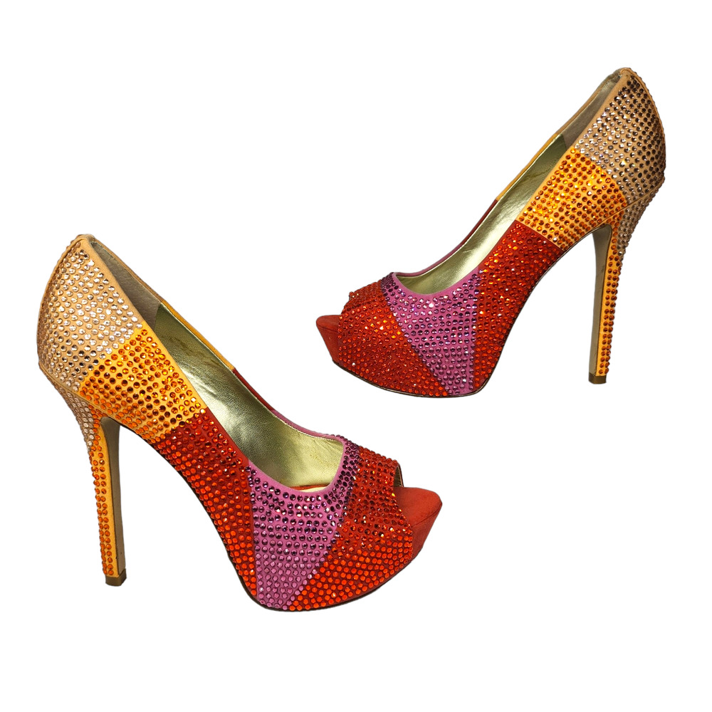 Red Orange Sparkly Rhinestone Heels Womens 6 Peep Toe Stiletto Platform Pumps